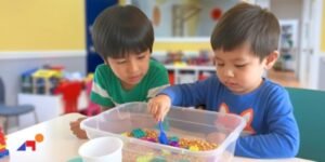 Two preschool boys engaged in sensory play during the Burnaby Therapy Integrated Learning Program Session at Kidstart
